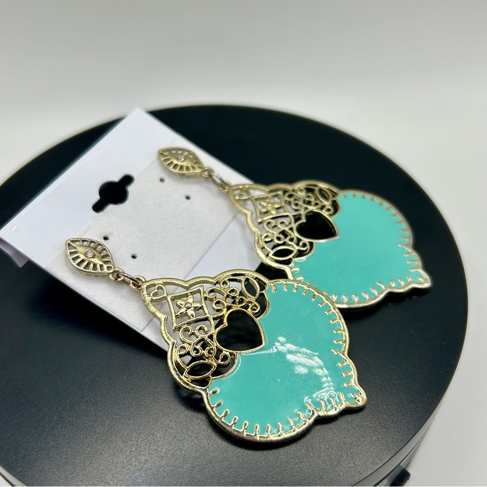 Balinese Style Gold and Teal Filigree Earrings